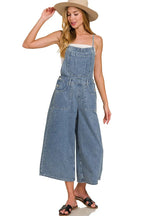 Sarah Express Women's Wide Leg Denim Overalls - Medium Wash Cotton for Casual & Weekend