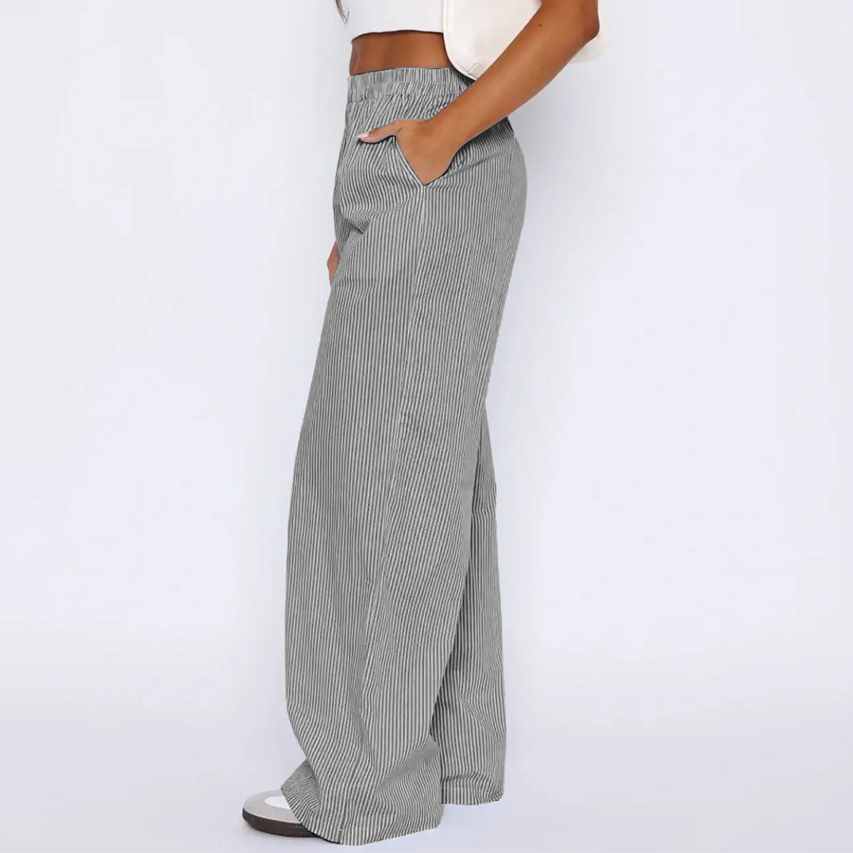 Women's Striped Wide Leg Pants - High Waist Straight Trousers with Pockets