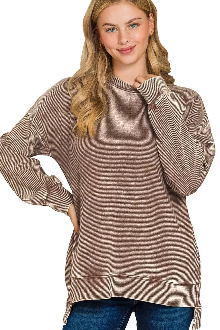 Sarah Express Women’s Plus Size Acid Wash Ribbed Sweatshirt with Hi-Low Hem
