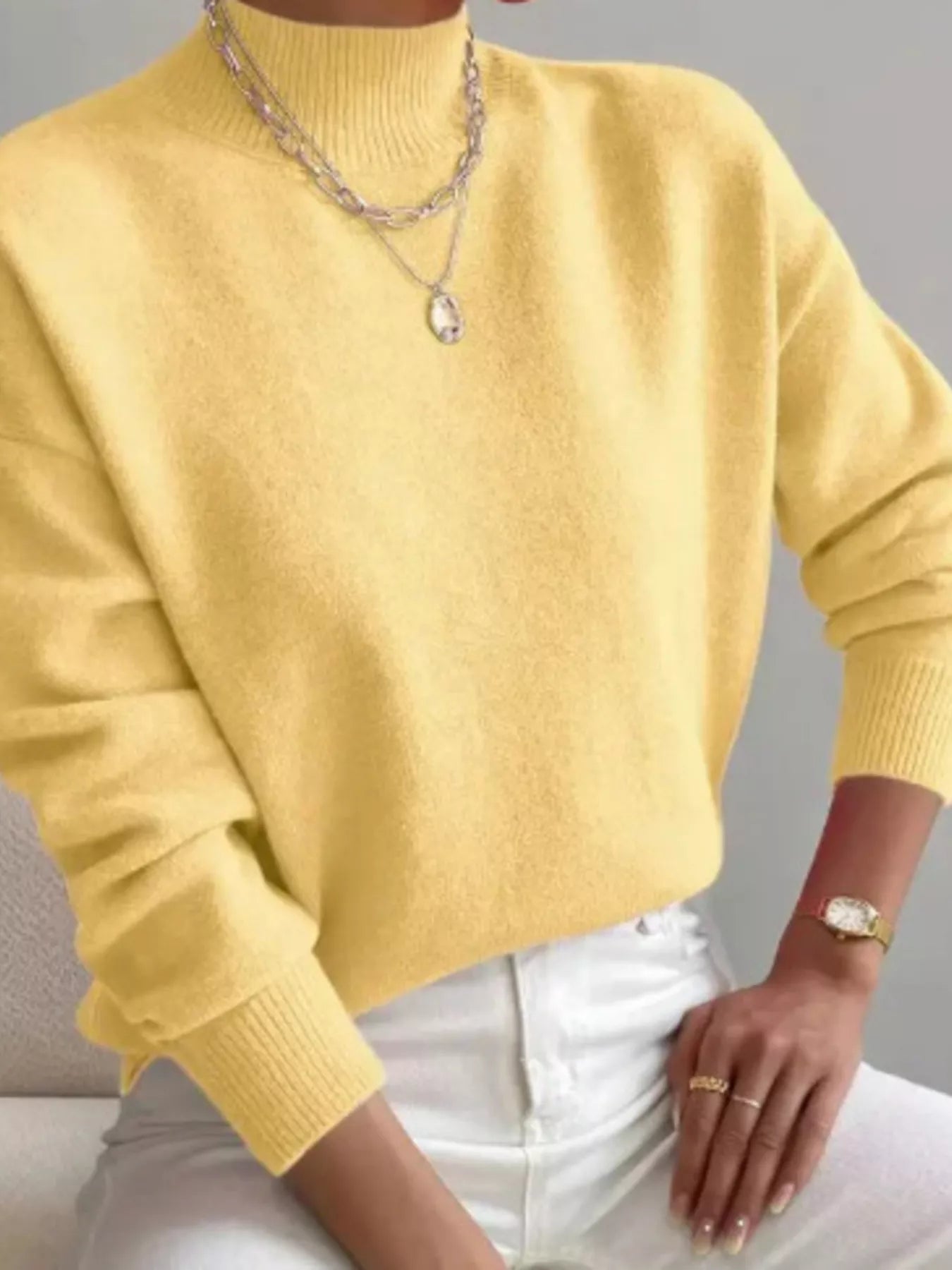 Sarah Express Women's Mock Neck Dropped Shoulder Sweater Light Yellow