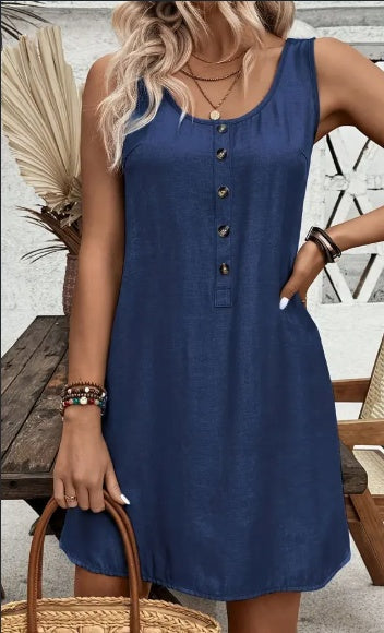 Women's Sleeveless Button-Up Dress Round Neck Knee Length