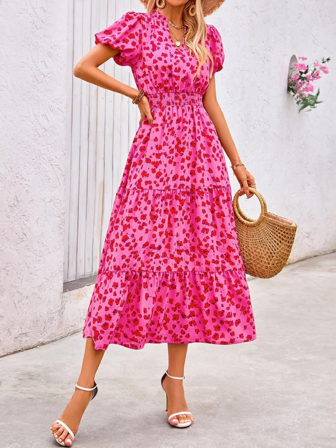 Floral V-Neck Bubble Pleated Maxi Dress Elastic Waist Short Sleeve