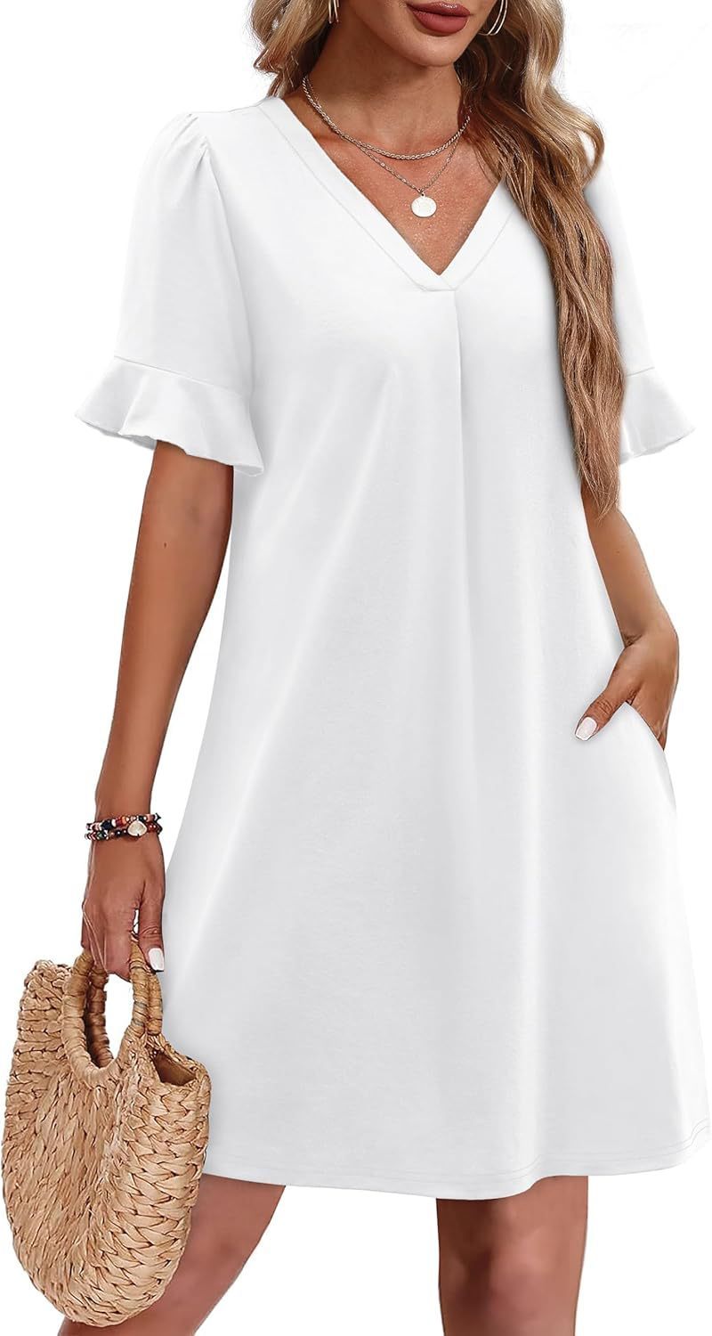 Women's V-Neck Ruffled A-Line Dress with Pockets Vacation Casual Short Sleeve