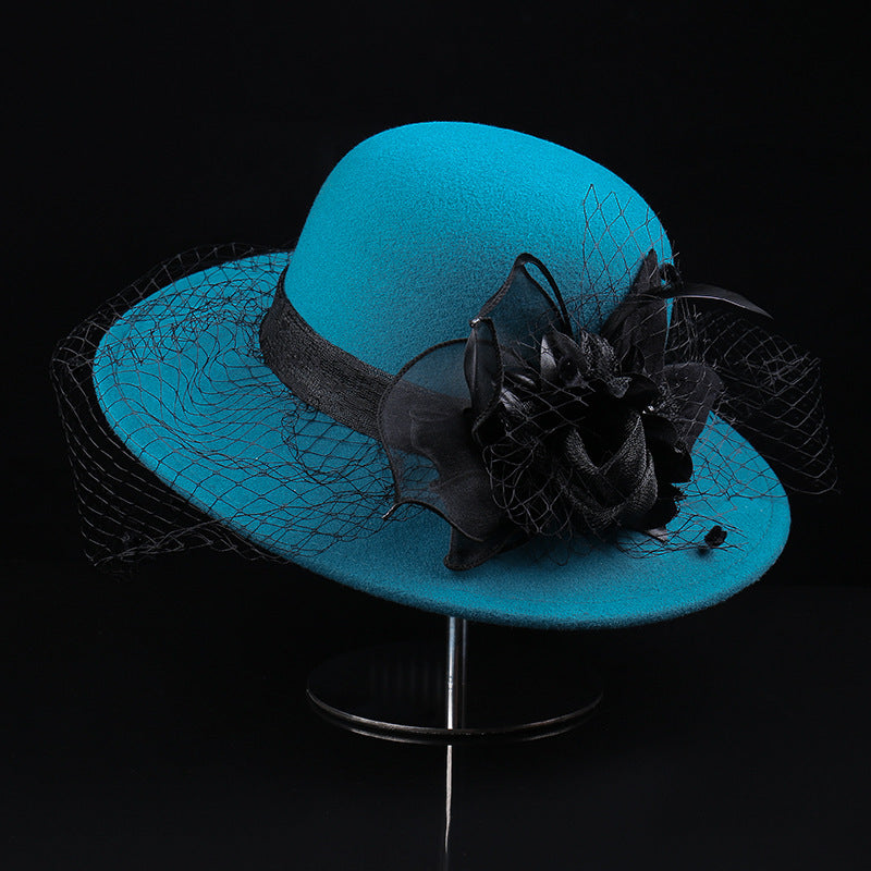 Women's Woolen Cloche Hat Floral Net Veil Dome Style