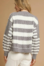 Sarah Express Women’s Stripe Cable-Knit Button-Up Cardigan Casual Fall Winter