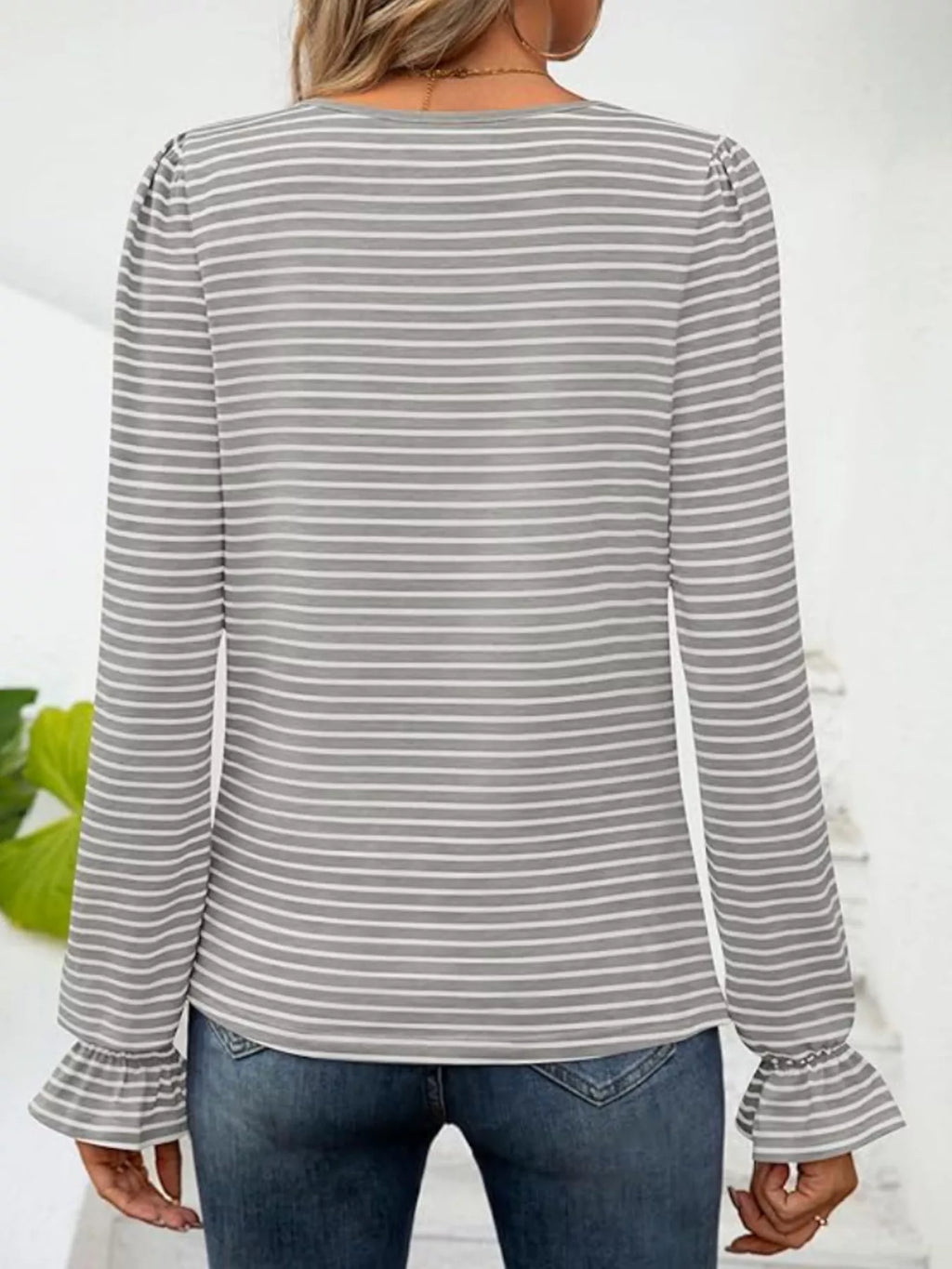 Sarah Express Women's Striped Long Sleeve T-Shirt with Square Neckline