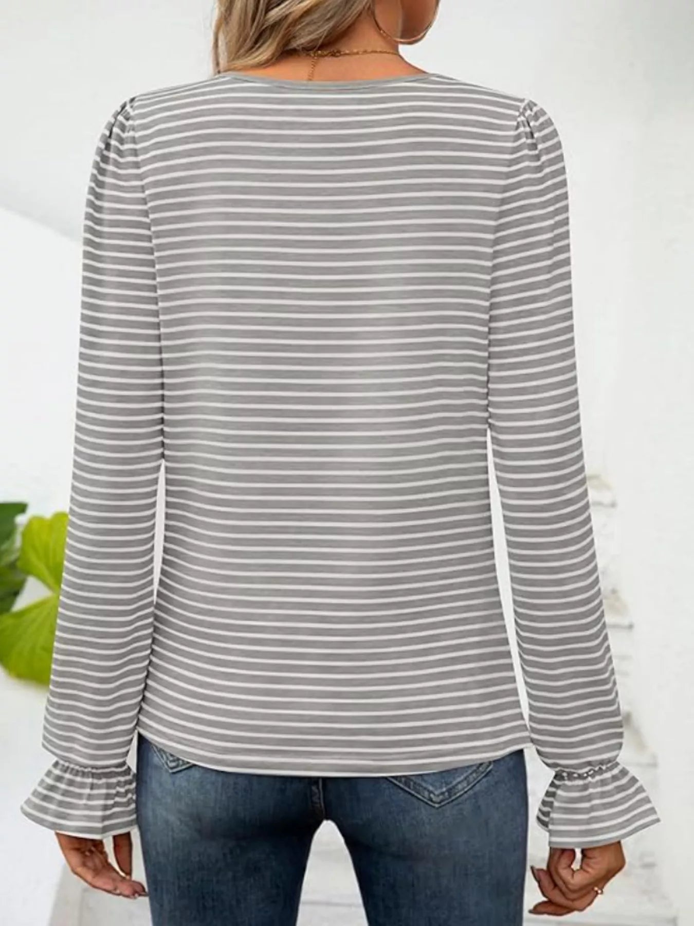 Sarah Express Women's Striped Long Sleeve T-Shirt with Square Neckline