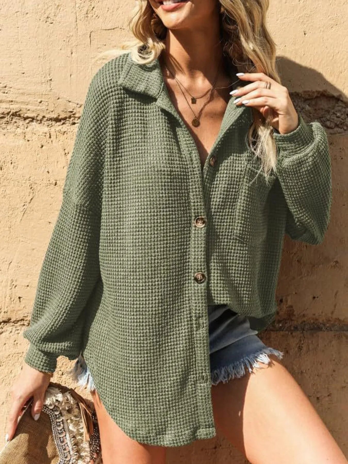 Sarah Express Women's Waffle Knit Button-Down Shirt Army Green