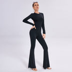 Women's Long Sleeve Open-Back Slim-Fit Straight-Leg Jumpsuit Evening Wear