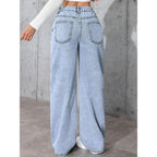 Women's High-Waist Straight Leg Jeans - Distressed Cotton Denim Loose Fit