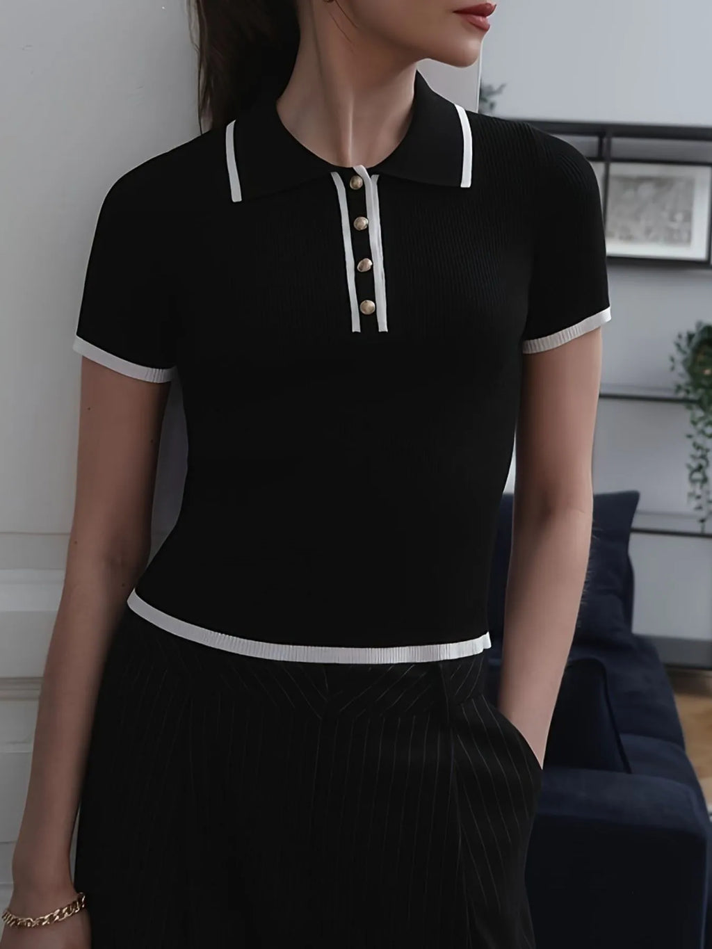 Sarah Express Women's Contrast Trim Button Detail Polo Black