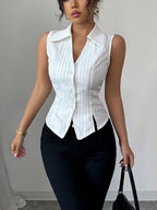Striped Sleeveless Button-Down Blouse Slim Fit