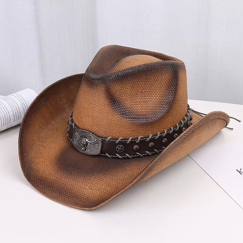 Western Cowboy Straw Hat Adjustable Star Embellished