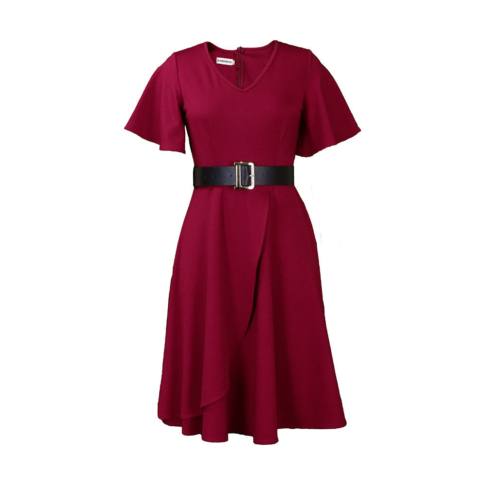 Women's Flared Sleeve Belted High Waist Mid-Length Dress Plus Size