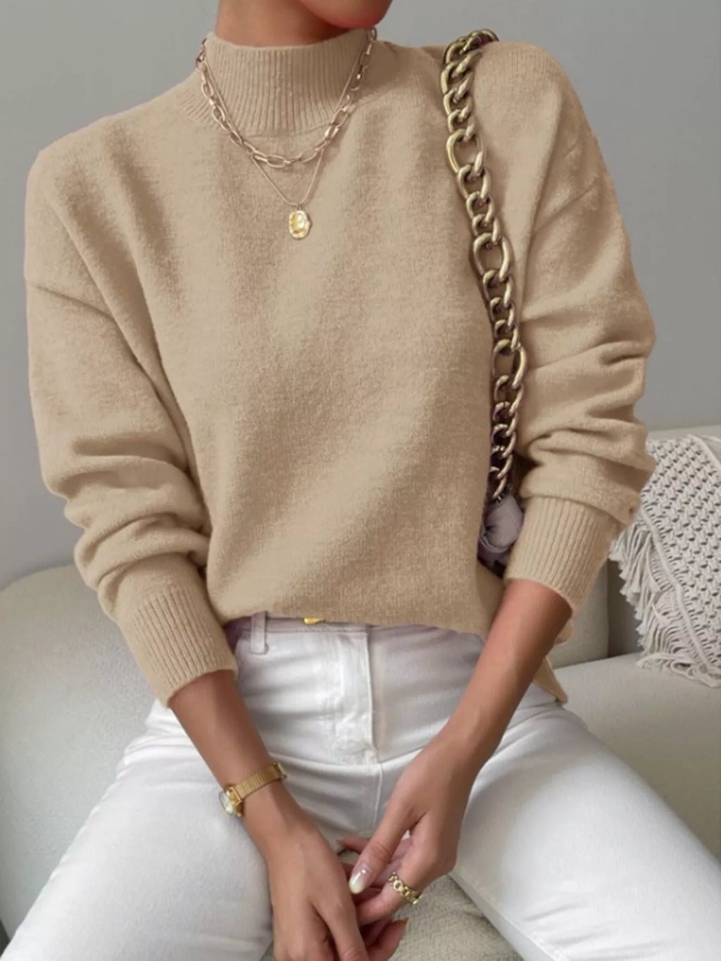 Sarah Express Women's Mock Neck Dropped Shoulder Sweater