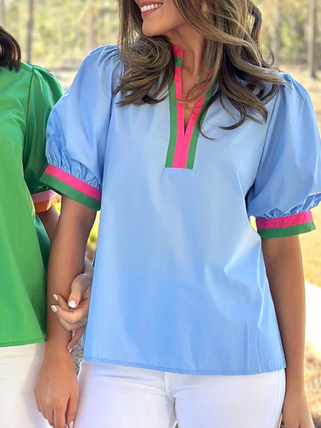 Sarah Express Women's Contrast Trim Notched Short Sleeve Blouse