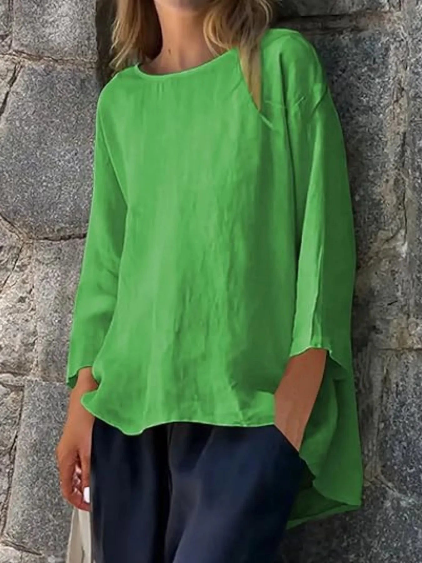 Sarah Express Women's Round Neck Relaxed Fit Blouse Plus Size Green