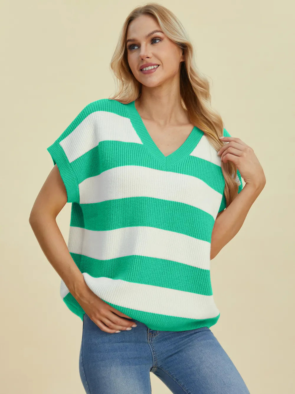 Sarah Express Women's Striped V-Neck Short Sleeve Sweater