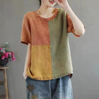 Women's Cotton Contrast Collar T-Shirt Loose Fit Short Sleeve Japanese Casual Style