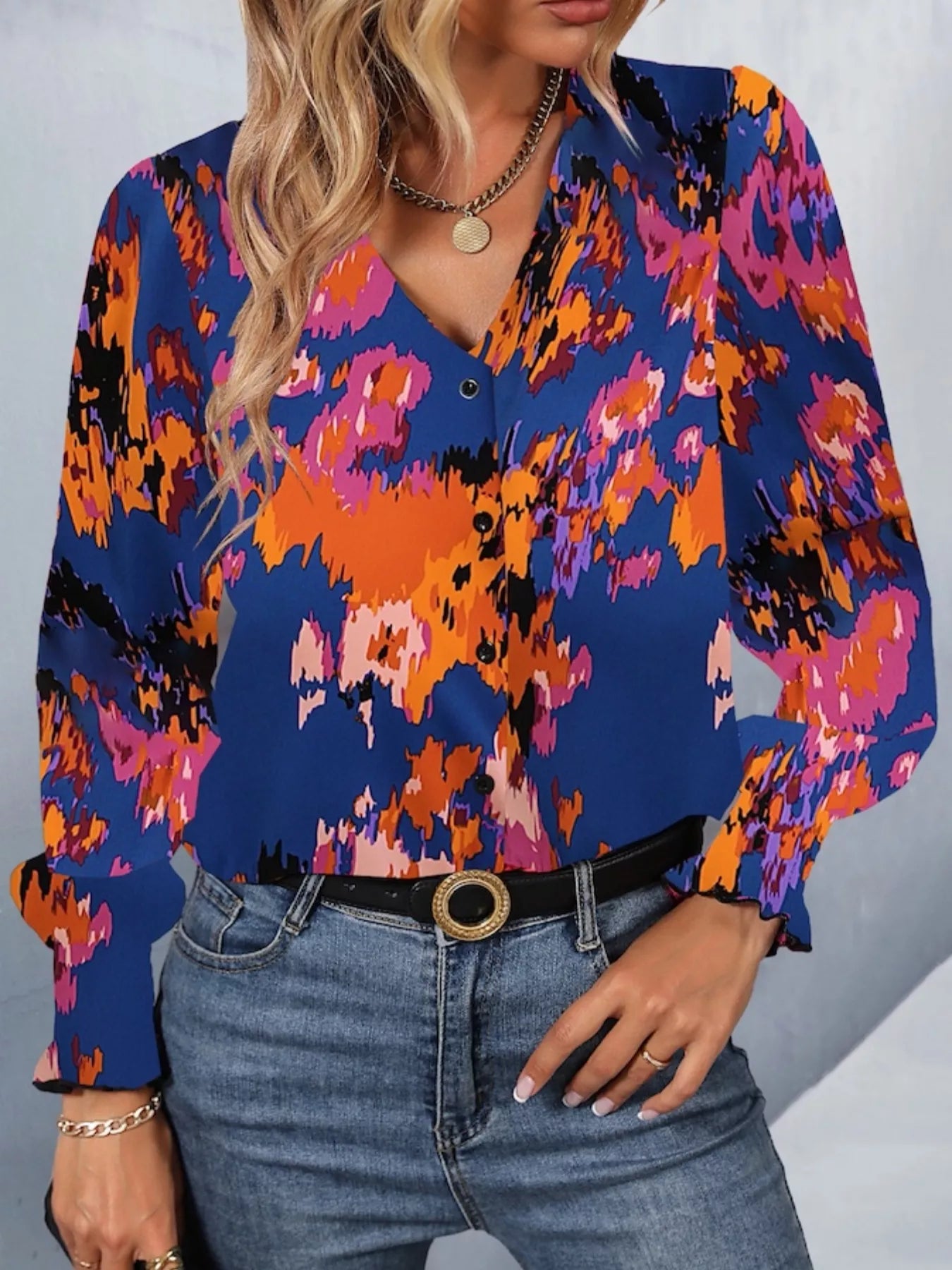 Sarah Express Women's Printed Button Up Long Sleeve Shirt Dark Blue