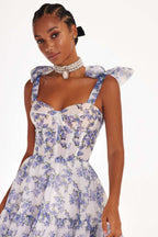Women's Floral Off-Shoulder Halter Dress Lace-Up Organza Swing Dress with Digital Print