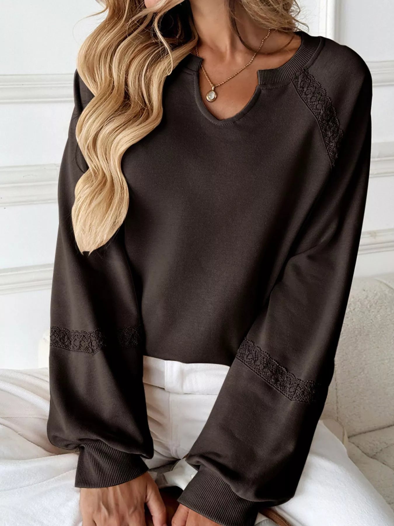 Sarah Express Women's Notched Raglan Sleeve Sweatshirt with Lace Detail