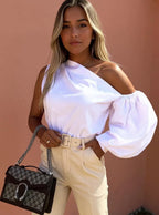 Sarah Express Women's One Shoulder Puff Sleeve Blouse White