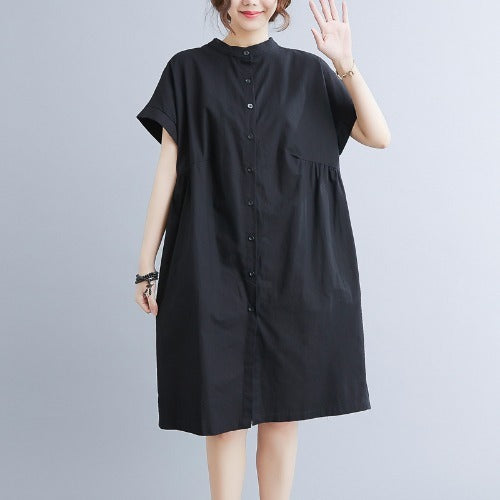 Women's Cotton Linen Stand Collar Loose Fit Dress