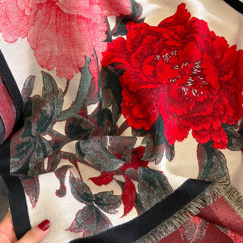 Women's Retro Floral Scarf Thick Warm Artificial Cashmere Tie Dye Fall Winter Accessory