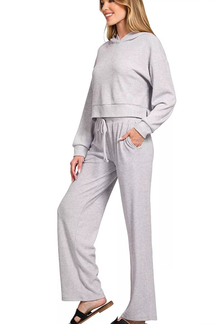 Sarah Express Women’s Ribbed Drop Shoulder Cropped Hoodie Casual
