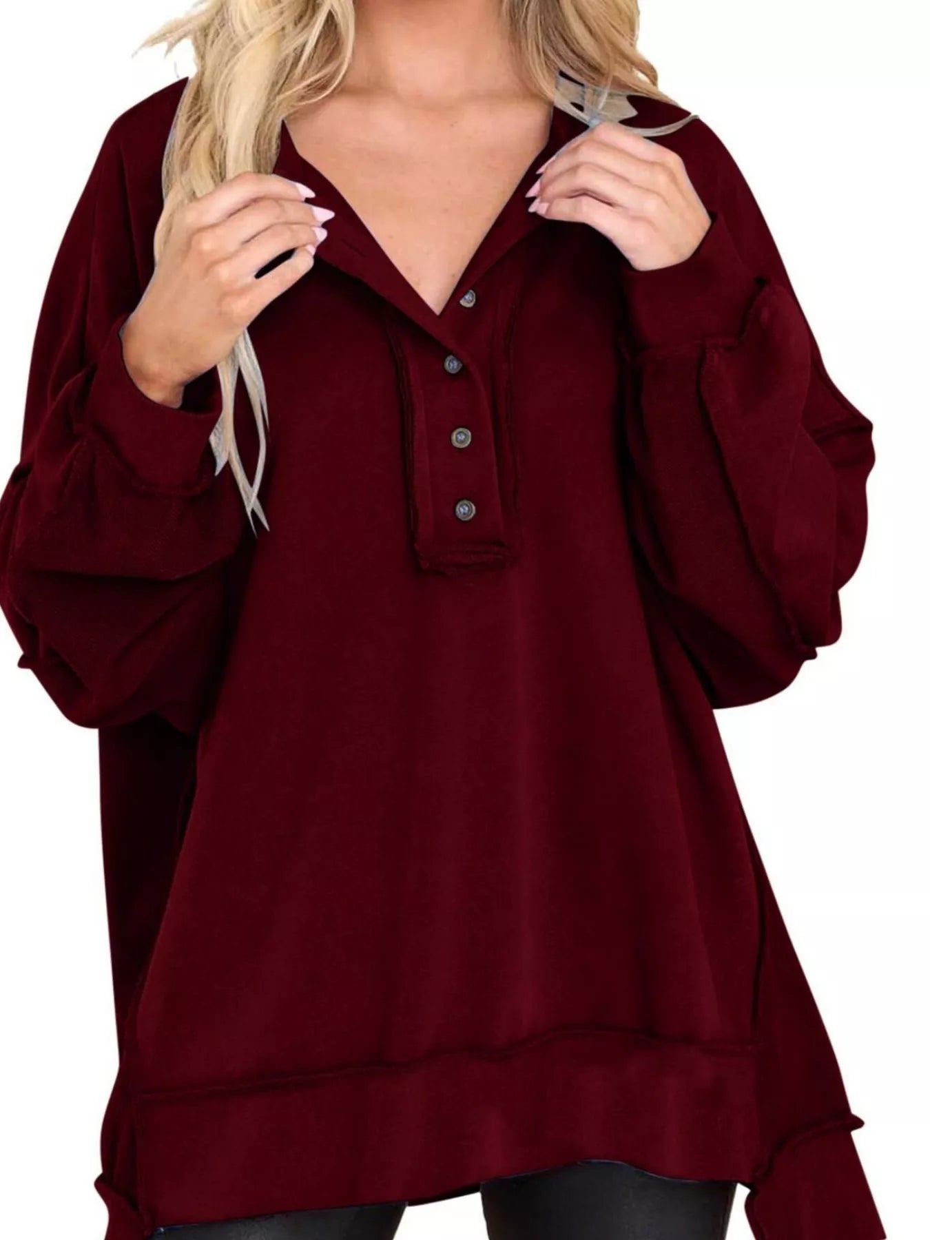 Sarah Express Women's Half Snap Long Sleeve Sweatshirt Burgundy