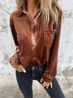 Sarah Express Women's Velvet Button-Up Long Sleeve Shirt Plus Size Coffee