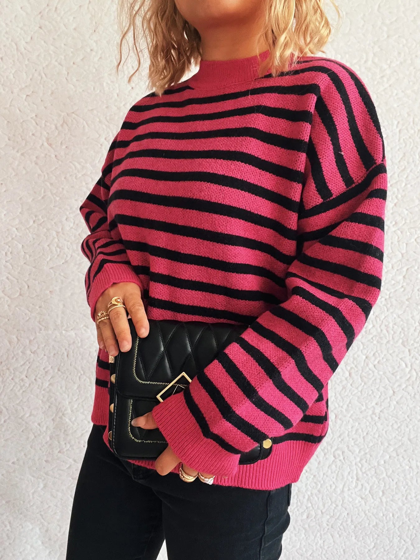 Sarah Express Women's Striped Mock Neck Long Sleeve Sweater - Oversized Ribbed Knit Top