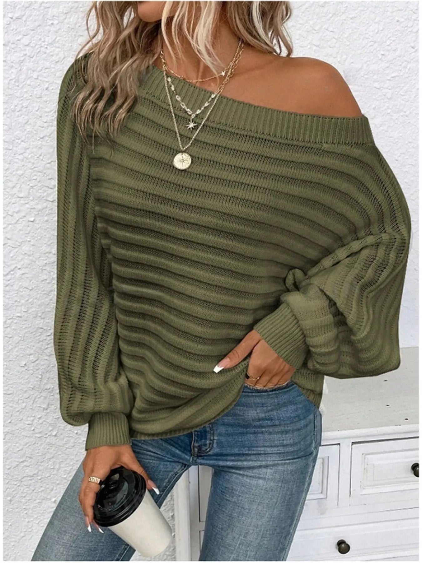 Sarah Express Women's One Shoulder Ribbed Knit Sweater Army Green
