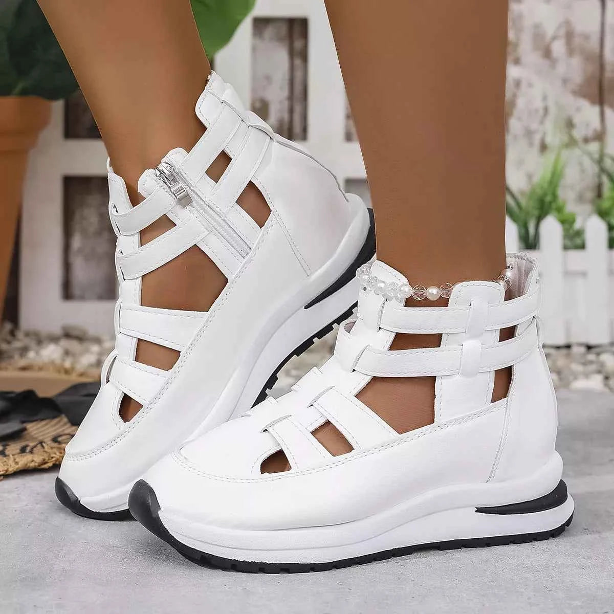 Sarah Express Women's Cutout Platform Sneakers | Low Heel PU Leather Shoes Gray white
