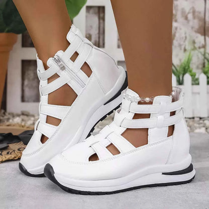 Sarah Express Women's Cutout Platform Sneakers | Low Heel PU Leather Shoes Gray white