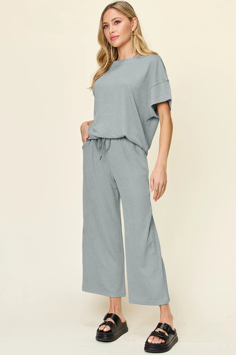 Sarah Express Women's Textured Round Neck T-Shirt and Wide Leg Pants Set Cloudy Blue