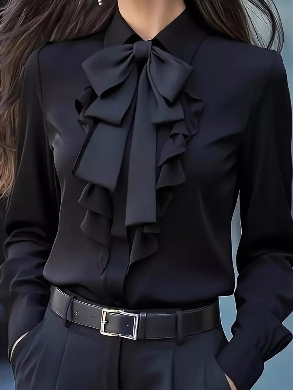 Sarah Express Women's Ruffled Tie Front Long Sleeve Blouse Black