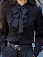 Sarah Express Women's Ruffled Tie Front Long Sleeve Blouse Black