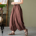 Women's Sand Washed Cotton Linen Bloomers Mid Waist Cropped Loose Pants