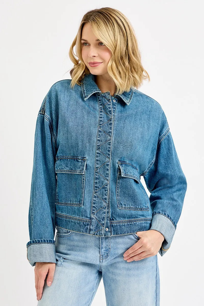 Sarah Express Women’s Oversized Denim Jacket with Cargo Pockets Casual