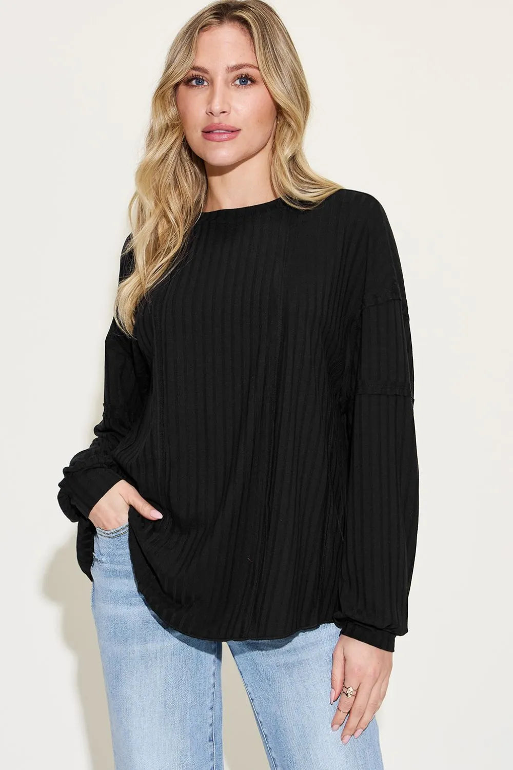 Sarah Express Women’s Plus Size Ribbed Long Sleeve T-Shirt with Exposed Seam
