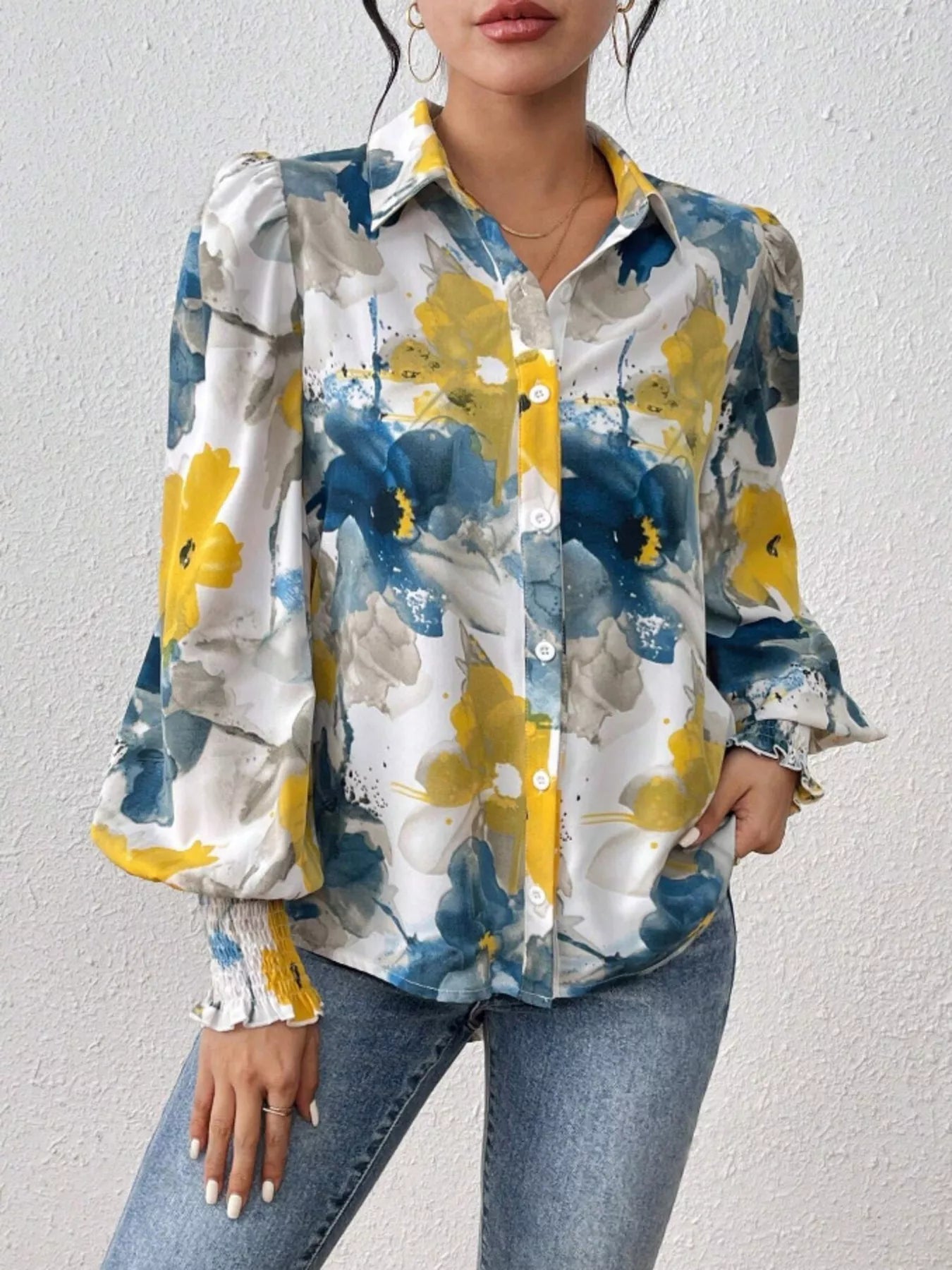 Sarah Express Women's Printed Button Up Lantern Sleeve Shirt Dusty Blue
