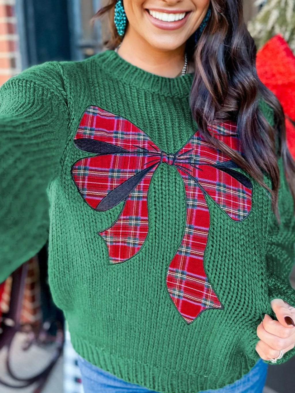 Sarah Express Women's Plaid Bow Graphic Christmas Sweater Dark Green