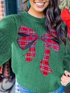 Sarah Express Women's Plaid Bow Graphic Christmas Sweater Dark Green