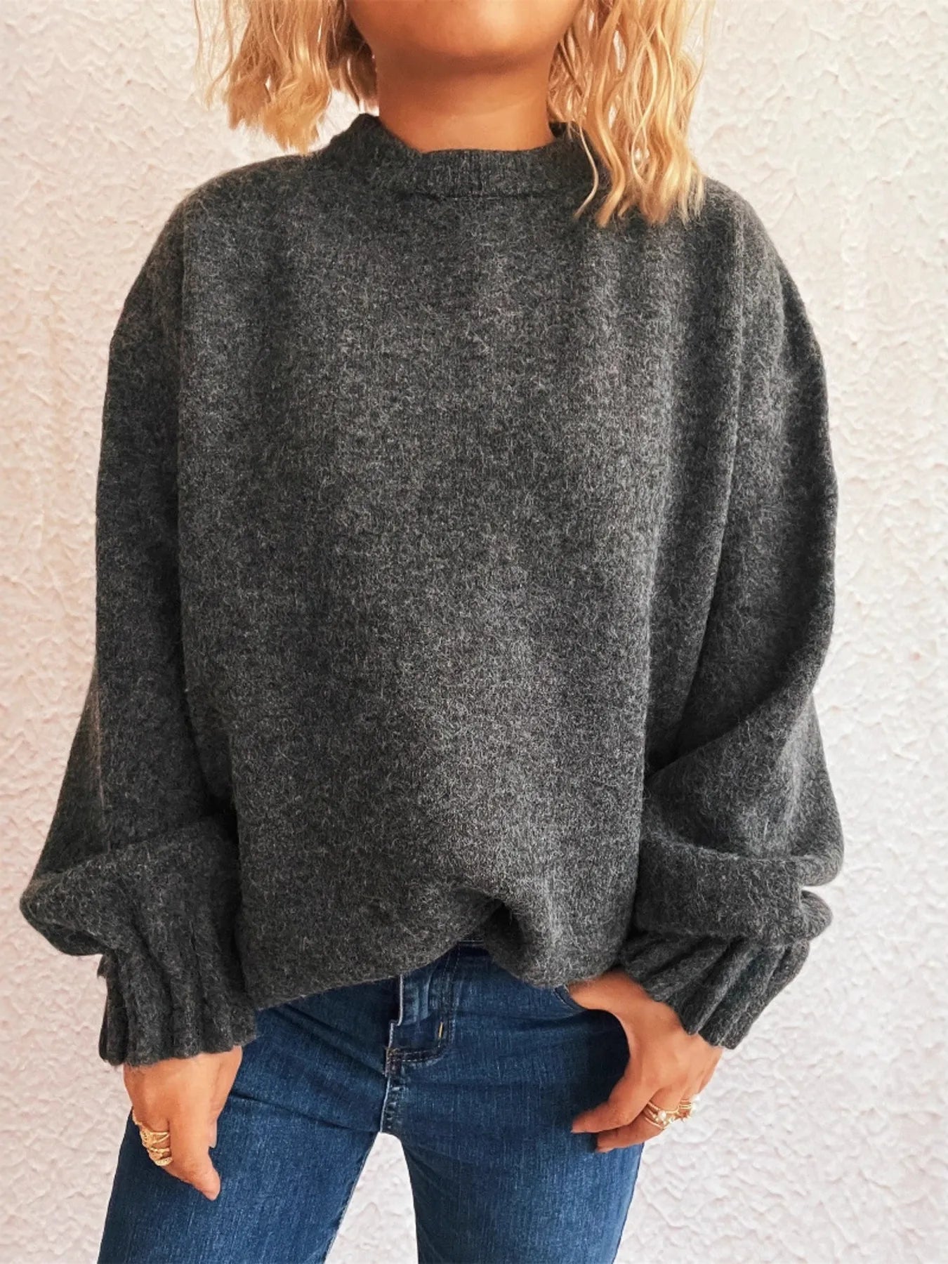 Sarah Express Women's Round Neck Dropped Shoulder Sweater Dark Gray One Size