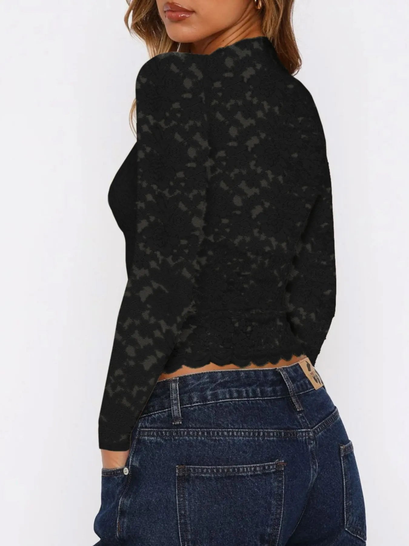 Sarah Express Women's Floral Lace Long Sleeve Deep V-Neck Blouse with Scalloped Hem