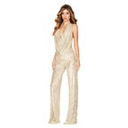 Women's Sequined Halter Jumpsuit Sleeveless Backless Wide Leg Summer Party Evening One-Piece