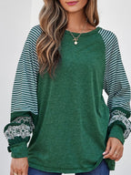 Sarah Express Women's Contrast Print Striped Raglan Long Sleeve Loose Top Dark Green