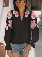 Sarah Express Women's Floral Embroidered Notched Long Sleeve Blouse Black